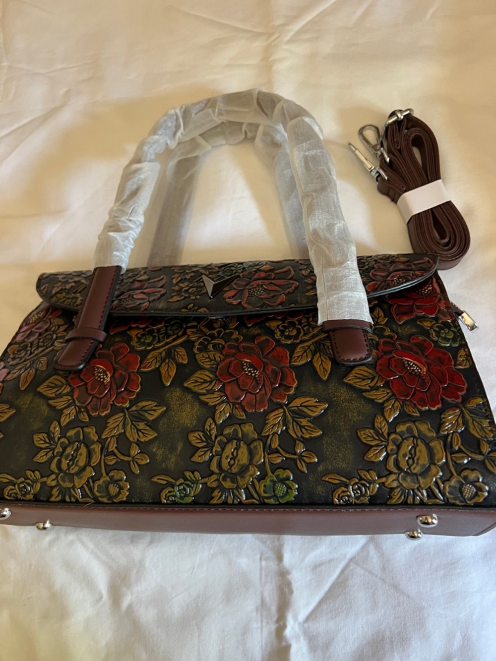 Elegant Floral Embossed Satchel Handbag in Brown and Red